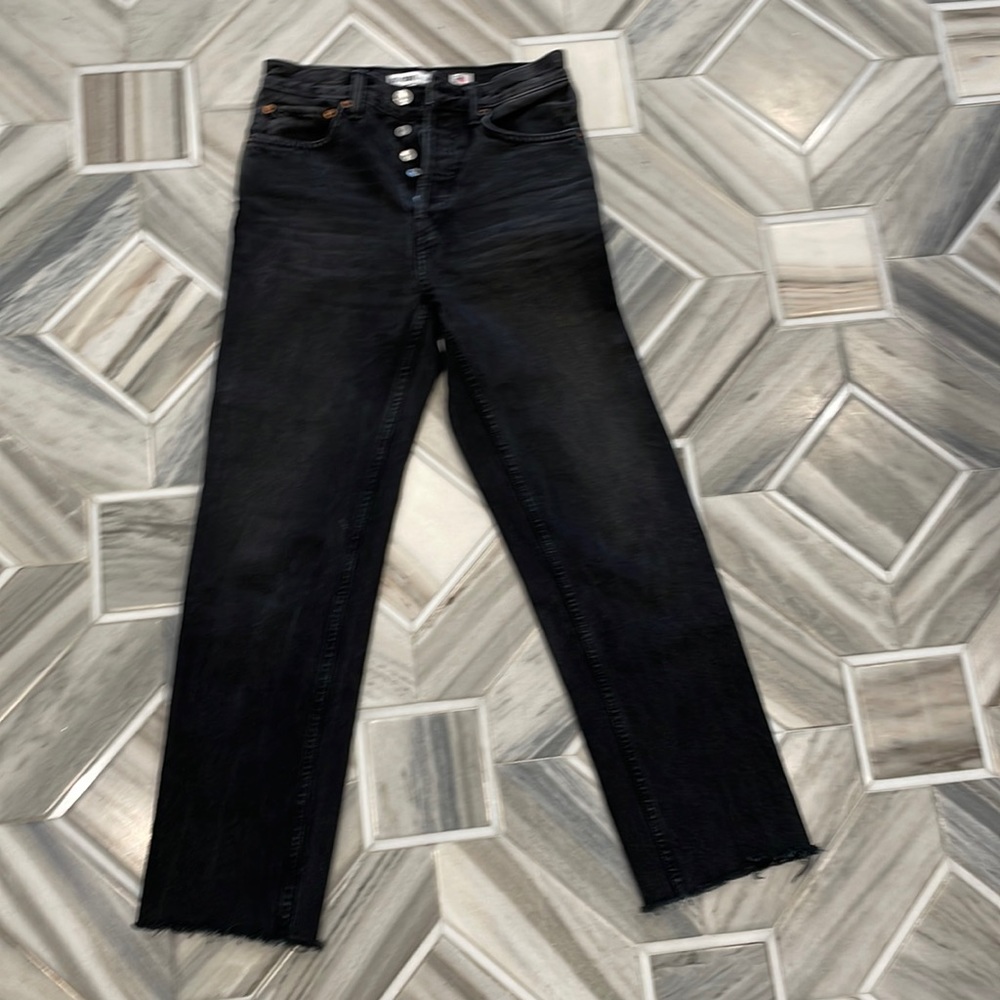 Re/Done originals high rise stovepipe straight leg jeans in aged black color